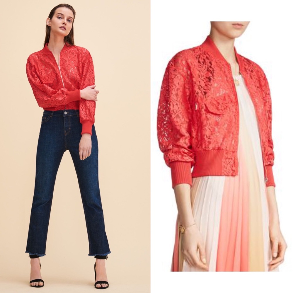 Maje Belem Red Lace Bomber Jacket